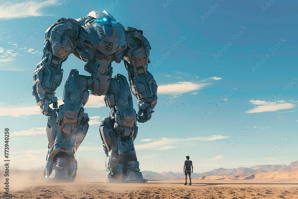 Poster giant robot in the desert a futuristic adventure generative ai