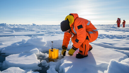Scientist collecting water samples from melting ice in the Arctic.