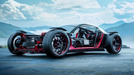 futuristic electric sport fast car chassis and battery packs with high performance or future EV fatory production. Generative Ai