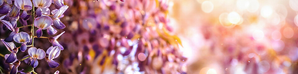Sunlit Wisteria Whispers, Ethereal Purple Blossoms in Soft Focus, Banner, Copy Space, Decor,...