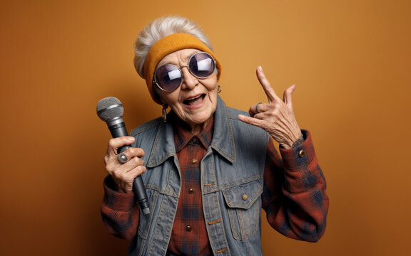 Stylized portrait of an old lady holding a microphone and posing against an orange background creates an atmosphere of retro and musical inspiration
