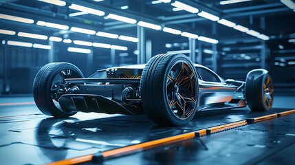 futuristic electric sport fast car chassis and battery packs with high performance or future EV fatory production. Generative Ai - obrazy, fototapety, plakaty