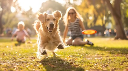 Joyful Family Bonding with Playful Canine in Sunlit Park Setting
