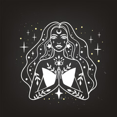 Fairy girl with space hair. Astrology and astronomy Business concept, fortune tellers, predictions, horoscope. Logo vector illustration. Witchcraft, spirituality.Monochrome - 773941429