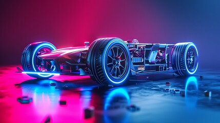 futuristic electric sport fast car chassis and battery packs with high performance or future EV fatory production. Generative Ai - obrazy, fototapety, plakaty