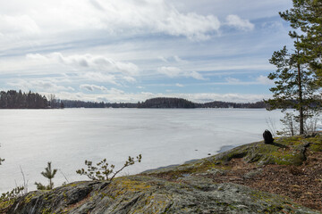 Ice and snow covered lake in early spring. Saimaa Lake in Lappeenranta, Finland