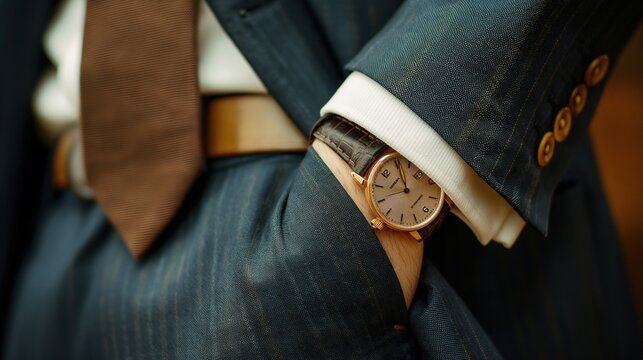 A stylish wristwatch peeking out from under the cuff of a tailored business suit sleeve