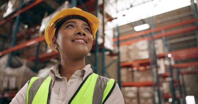 Logistics, warehouse and woman with confidence, smile and inventory management for distribution. Smile, face and female person in factory for quality control, trust and pride in global export safety