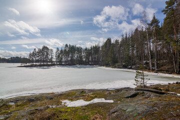 Ice and snow covered lake in early spring. Saimaa Lake in Lappeenranta, Finland
