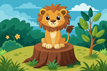 Cartoon of a lion sitting on tree stump