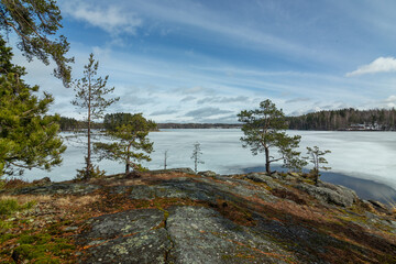 Ice and snow covered lake in early spring. Saimaa Lake in Lappeenranta, Finland