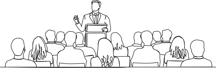 continuous single line drawing of keynote speaker and audience at business conference, line art vector illustration