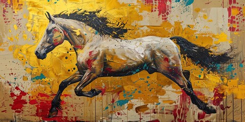 Oil painting with large strokes, running horse