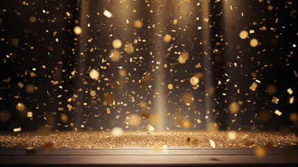 Golden confetti raining down on a festive stage with a central light beam, set in an empty room at night, providing a mockup space with ample copy space for award ceremonies, jubilees, New Year's part - obrazy, fototapety, plakaty