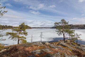 Ice and snow covered lake in early spring. Saimaa Lake in Lappeenranta, Finland