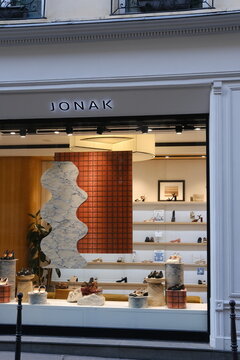 Paris, France - April 1, 2024: A close-up of the facade of the Jonak store located on Francs-Bourgeois Street. 