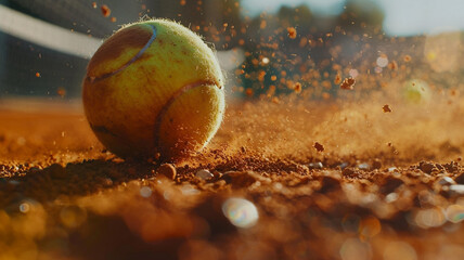 A green tennis ball on a clay court - obrazy, fototapety, plakaty