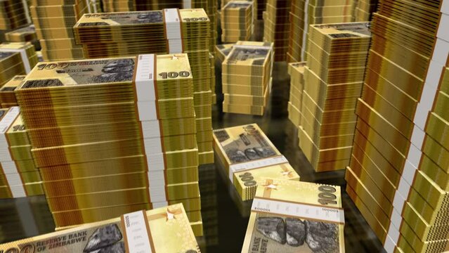 Zimbabwe money Zimbabwean dollars notes packs loop. 3D flight over ZWL 100 banknotes stacks towers. Loopable seamless abstract background concept of business, economy crisis and finance.