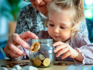 old grandmother helps little girl to put coins into piggy bank, concept of saving and pension investment