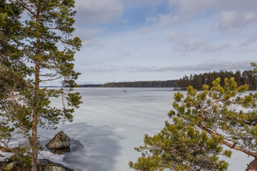 Ice and snow covered lake in early spring. Saimaa Lake in Lappeenranta, Finland