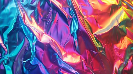 A backdrop of holographic foil, its abstract and shiny surface glowing in led neon colors, reflecting light like a prism