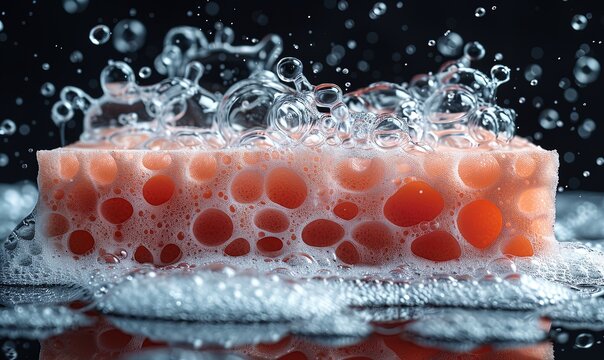 Soap foam with bubbles and red sponge isolated on black, side view