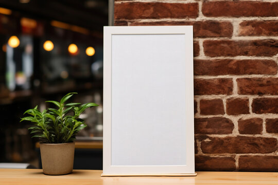 Mock up label ,blank menu frame in Bar restaurant on wooden table. Insert text, logo, or design. Copy space. Ai Generative
