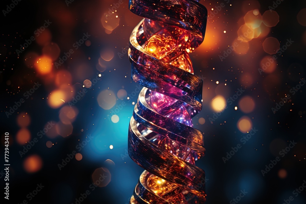 Poster dna double helix on which a neural network is projected in the form of luminous lines and patterns