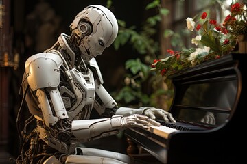 The iron robot thoughtfully sat down at the piano.