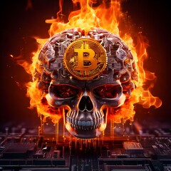 human brain close up powered by bitcoin with burning background, Ai Generated