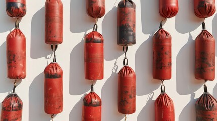 A captivating pattern of punching bags, laid out in top view on white, symbolizing power and preparation - obrazy, fototapety, plakaty