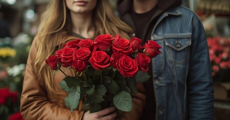 Romantic couple with man holding bouquet of red roses standing together in love and harmony