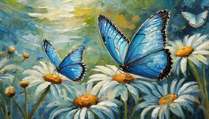  vividly depicts colorful blue tropical morpho butterflies resting on delicate daisy flowers
