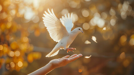 A white dove flying out of a human hand symbolizes freedom and independence, capturing the essence of liberation and peace.