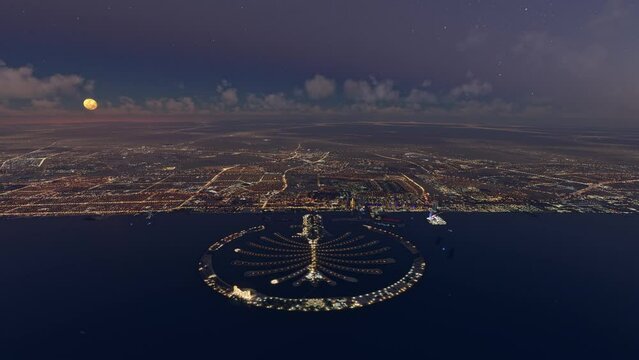 Night aerial shot of The Palm Jebel Ali in Dubai. United Arab Emirates