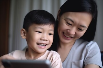 A young boy and his mother are looking at a tablet together