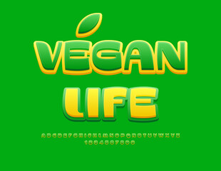 Vector stylish badge Vegan Life. Unique Green Font. Modern Bright Alphabet Letters and Numbers set.