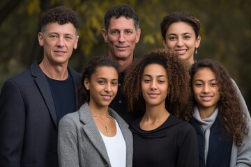 A family photo of six people, including a man and a woman with curly hair