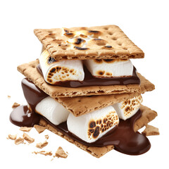 A gourmet s'mores dessert with toasted marshmallows, melted chocolate, and graham crackers, artfully assembled, isolated on transparent background
