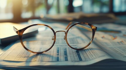 A pair of elegant eyeglasses resting on top of a stack of financial reports and charts