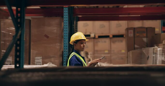 Logistics, warehouse and woman with tablet for inventory management, online planning and inspection. Digital app, distribution and girl in factory for quality control, checklist and export management