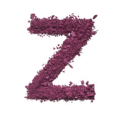 Stencil capital letter Z made by burgundy crushed eye shadow or broken powder isolated on white background.
