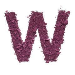 Stencil capital letter W made by burgundy crushed eye shadow or broken powder isolated on white background.