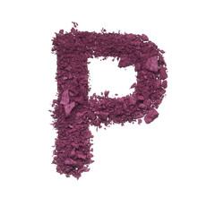 Stencil capital letter P made by burgundy crushed eye shadow or broken powder isolated on white background.
