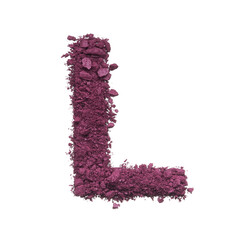 Stencil capital letter L made by burgundy crushed eye shadow or broken powder isolated on white background.