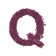 Stencil capital letter Q made by burgundy crushed eye shadow or broken powder isolated on white background.
