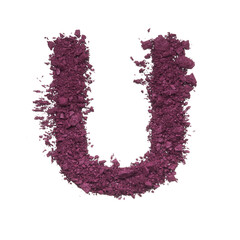 Stencil capital letter U made by burgundy crushed eye shadow or broken powder isolated on white background.