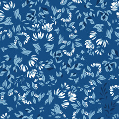 Blue Monochrome Botanicals Vector Seamless Pattern