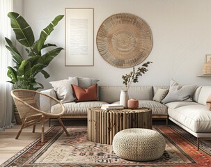 Modern Living Room with a Bamboo Coffee Table and a Large Rug Generative AI