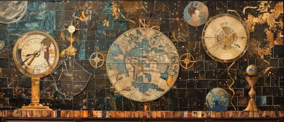 Fototapeta na wymiar Eternal Timepiece Collection: A Stellar Mosaic of Vintage Clocks, Celestial Maps, and Astronomical Wonders